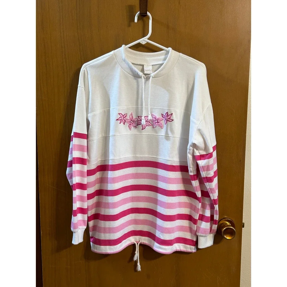 Vintage Jantzen Pink Stripe 3D Floral Sweatshirt Made in USA XL 90s Y2K - Picture 3 of 4